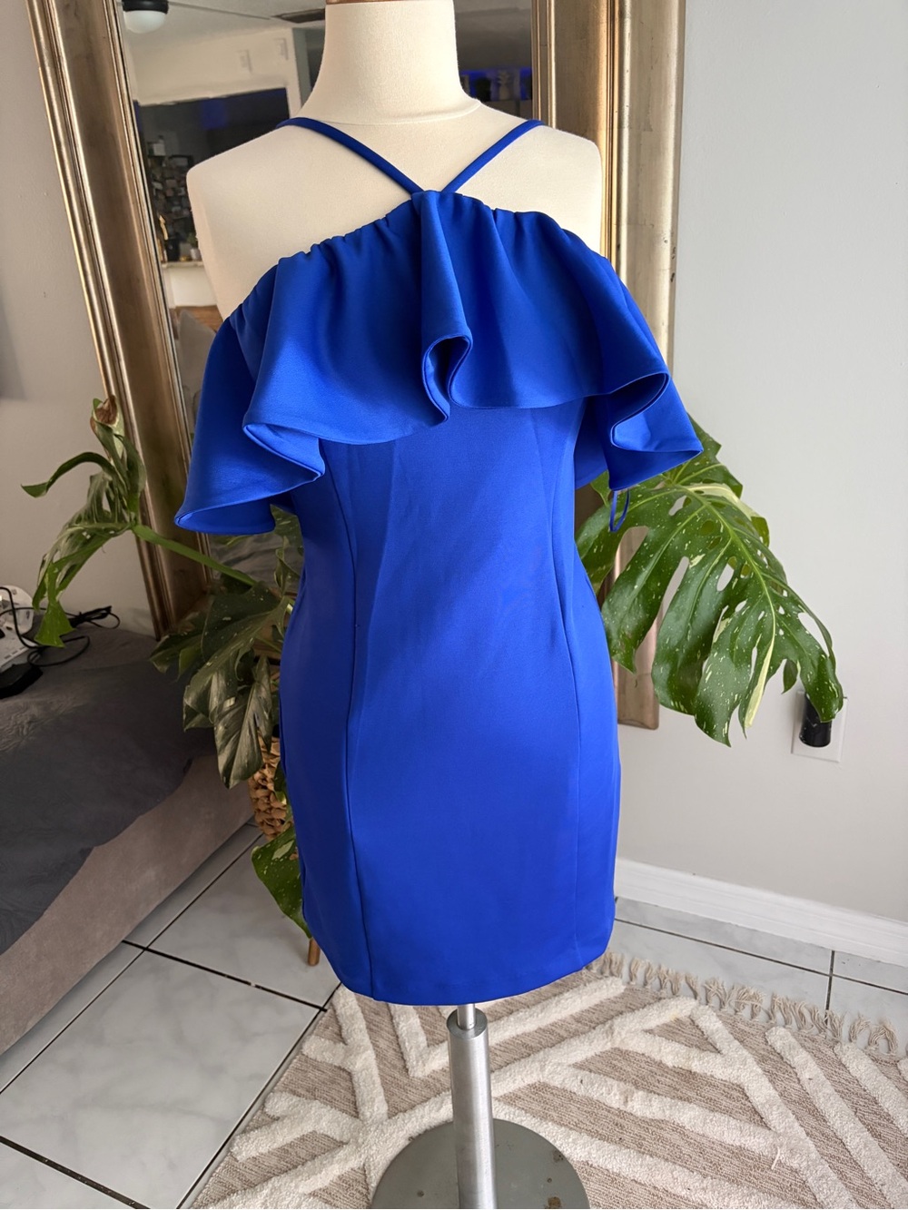 Badgley Mischka cobalt blue ruffle mini dress size 6 NWT